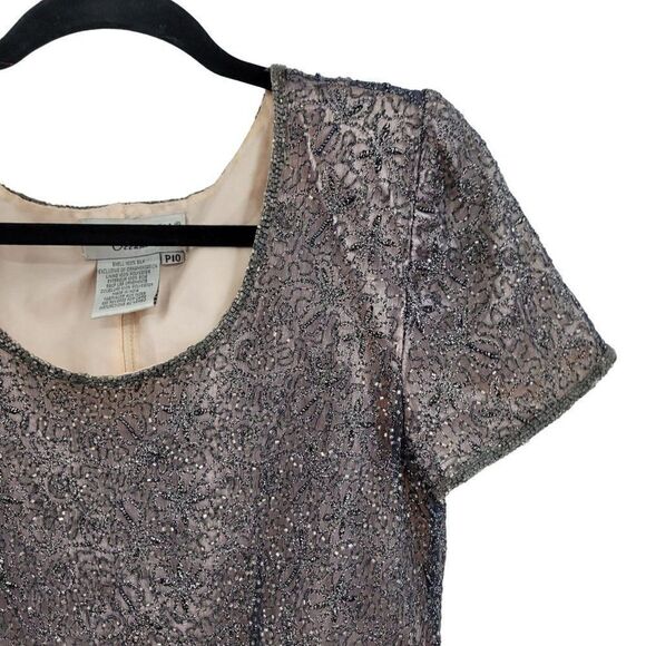 Vintage Adrianna Papell Formal Silk Beaded Short Sleeve Blouse 10P Gray Overlay - Picture 6 of 11